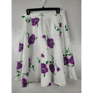 RUIYIGE White‎ Floral Print Flare Midi Skirt Size L